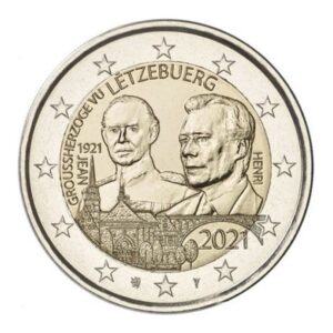 Liuksemburgas 2021 2 euro proginė moneta- Didžiojo kunigaikščio Jeano gimimo 100-metis (reljefas)