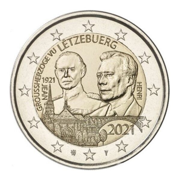 Liuksemburgas 2021 2 euro proginė moneta- Didžiojo kunigaikščio Jeano gimimo 100-metis (reljefas)