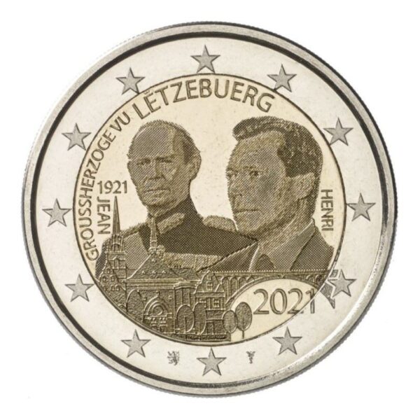 Liuksemburgas 2021 2 euro proginė moneta- Didžiojo kunigaikščio Jeano gimimo 100-metis (holograma)