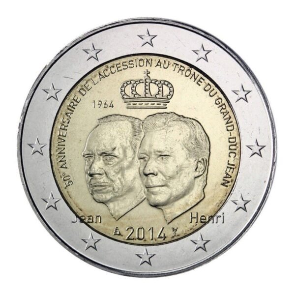 Liuksemburgas 2014 2 euro proginė moneta - Didžiojo kunigaikščio Jean karūnavimo 50-metis Liuksemburgas 2014 2 euro proginė moneta - Didžiojo kunigaikščio Jean karūnavimo 50-metis