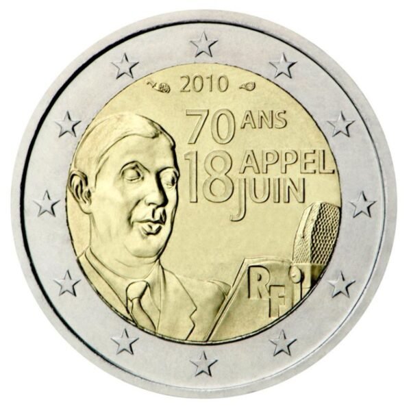 Prancūzija 2010 2 euro proginė moneta - Birželio 18-osios kreipimosi 70-metis Prancūzija 2010 2 euro proginė moneta - Birželio 18-osios kreipimosi 70-metis