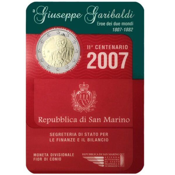 San Marinas 2007 2 euro proginė moneta - Giuseppe Garibaldi (BU)
