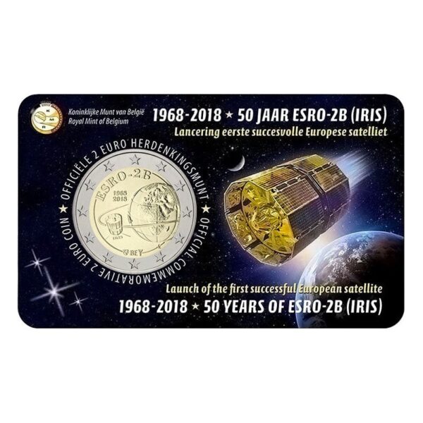 Belgija 2018 2 euro proginė moneta kortelėje - Pirmasis Europos palydovas ESRO-2B (BU)