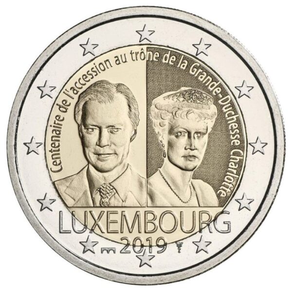 Liuksemburgas 2019 2 euro proginė moneta kortelėje - Didžiosios kunigaikštienės Charlotte karūnavimo 100-metis (BU)
