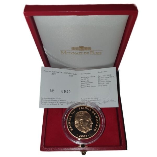 Monakas 2003 100 euro kolekcinė auksinė moneta dėžutėje - Rainier III (PROOF) Monakas 2003 100 euro kolekcinė auksinė moneta dėžutėje - Rainier III (PROOF)