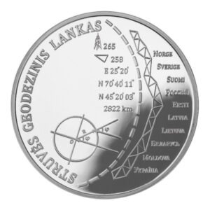Lietuva 2015 20 eurų sidabrinė moneta Struvės geodezinis lankas reversas