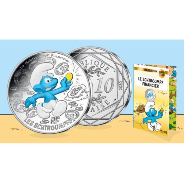 Prancūzija 2020 10 euro sidabrinė spalvota moneta - Smurfas finansininkas (BU) Prancūzija 2020 10 euro sidabrinė spalvota moneta - Smurfas finansininkas (BU)