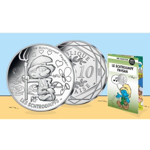 Prancūzija 2020 10 euro sidabrinė moneta - Smurfas fermeris (BU) Prancūzija 2020 10 euro sidabrinė moneta - Smurfas fermeris (BU)