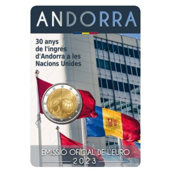 Andora 2023 2 euro proginė moneta kortelėje - 30 metų narystei Jungtinėse Tautose (BU) Andora 2023 2 euro proginė moneta kortelėje - 30 metų narystei Jungtinėse Tautose (BU)