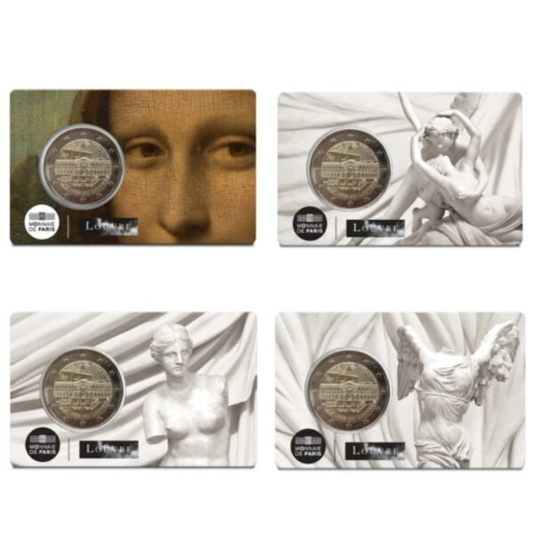 Prancūzija 2025 2 euro proginių monetų kortelėse rinkinys - Luvras * Mona Liza + Kupidonas ir Psichė + Venera + Nikė (BU)