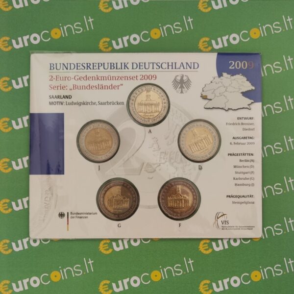 Vokietija 2009 2 euro proginės monetos kortelėje - Saro žemės A-D-F-G-J (BU)