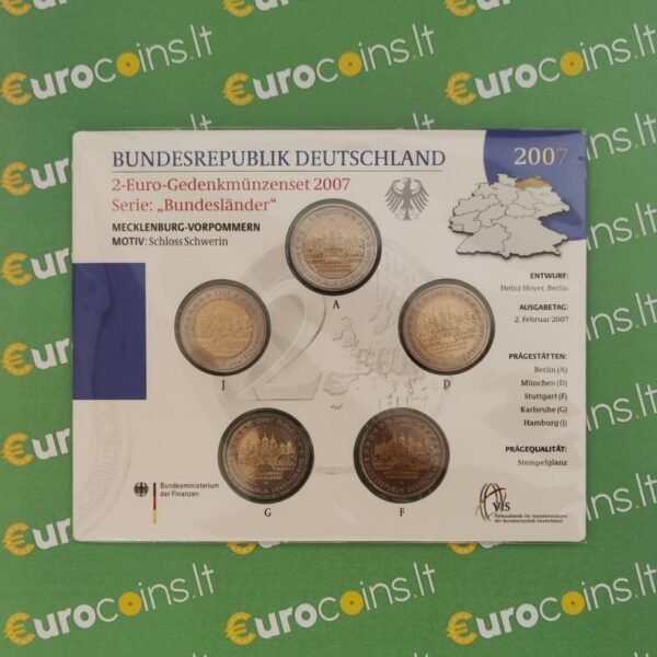 Vokietija 2007 2 euro proginės monetos kortelėje - Meklenburgas A-D-F-G-J (BU) Vokietija 2007 2 euro proginės monetos kortelėje - Meklenburgas A-D-F-G-J (BU)
