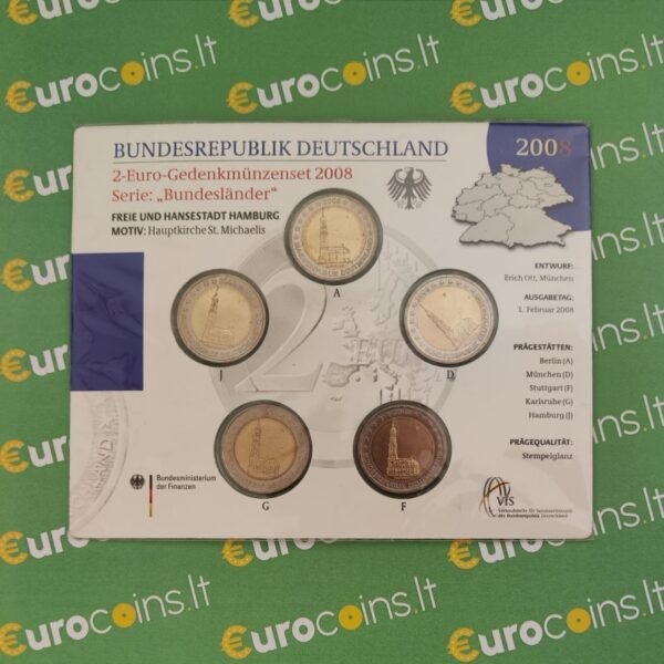 Vokietija 2008 2 euro proginės monetos kortelėje - Hamburgas A-D-F-G-J (BU) Vokietija 2008 2 euro proginės monetos kortelėje - Hamburgas A-D-F-G-J (BU)