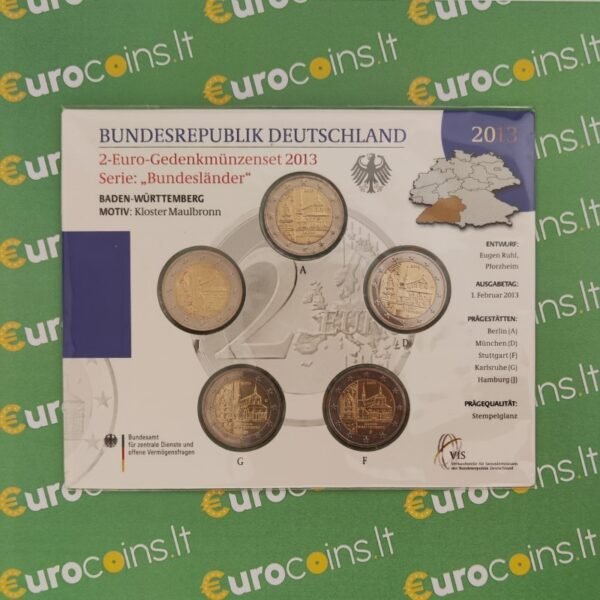 Vokietija 2013 2 euro proginės monetos kortelėje - Badenas-Viurtembergas A-D-F-G-J (BU) Vokietija 2013 2 euro proginės monetos kortelėje - Badenas-Viurtembergas A-D-F-G-J (BU)