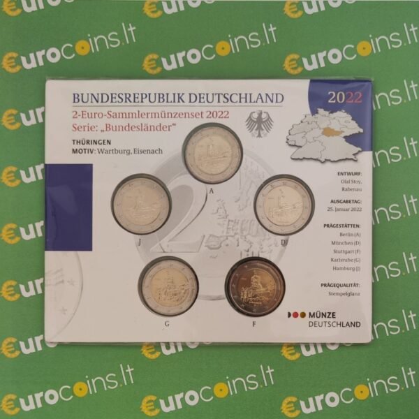 Vokietija 2022 2 euro proginės monetos kortelėje - Tiuringija*Vartburgo pilis A-D-F-G-J (BU) Vokietija 2022 2 euro proginės monetos kortelėje - Tiuringija*Vartburgo pilis A-D-F-G-J (BU)